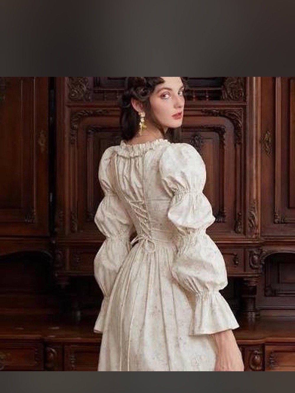 Cream Floral Lace-Up Romantic Chemise with Puff Sleeves - Picture 5 of 7